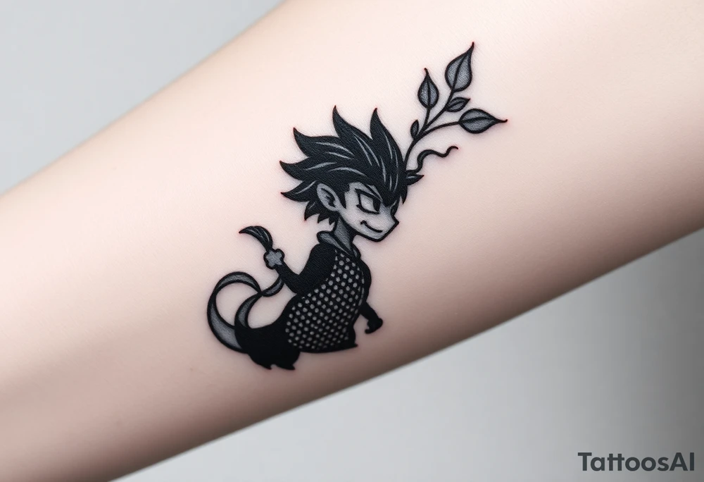 An animated character with smoke passing through and leaves in a negative effect around it. In black and white, dot shading with soft shading. tattoo idea