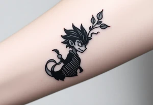 An animated character with smoke passing through and leaves in a negative effect around it. In black and white, dot shading with soft shading. tattoo idea