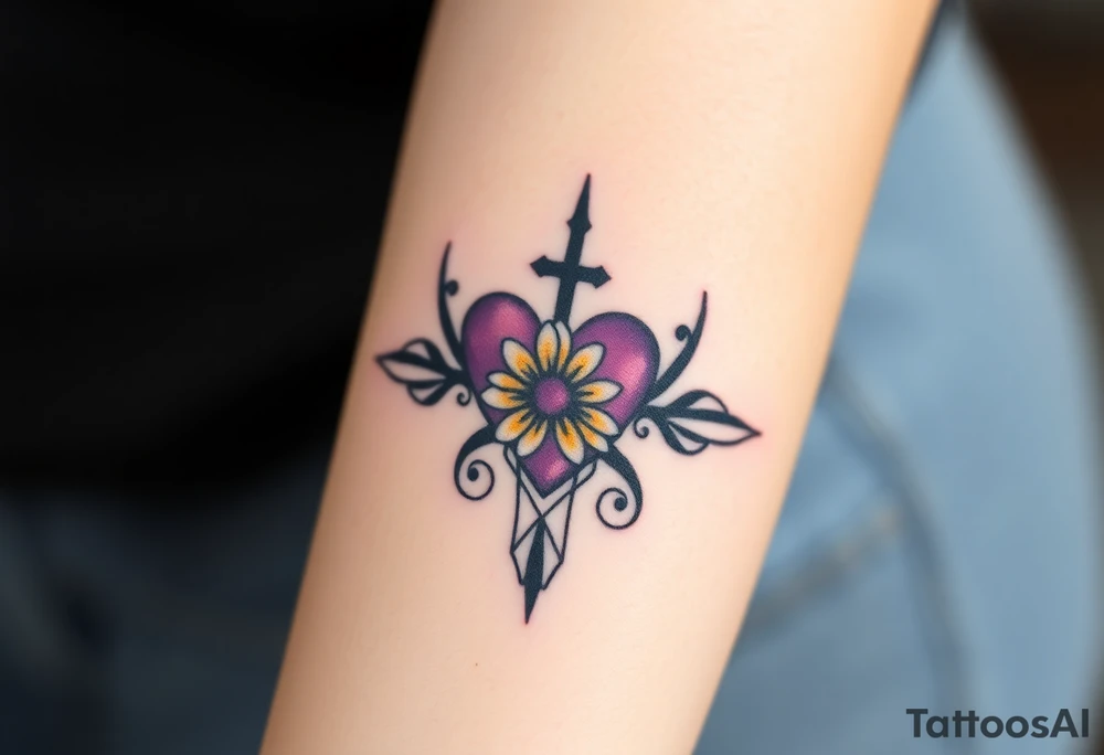 simple with Purple Hearts with yellow daisy with cross tattoo idea