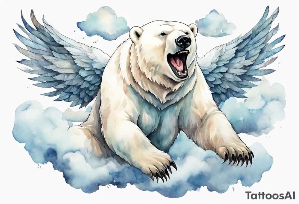 a polar bear with wings surrounded by clouds in the sky, laughing tattoo idea