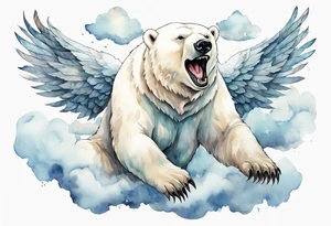 a polar bear with wings surrounded by clouds in the sky, laughing tattoo idea