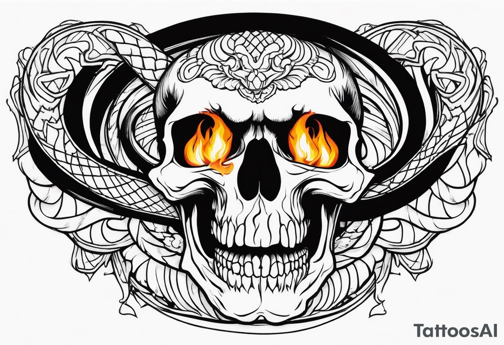 Skull with burning flames in mouth and snake through its eyes tattoo idea