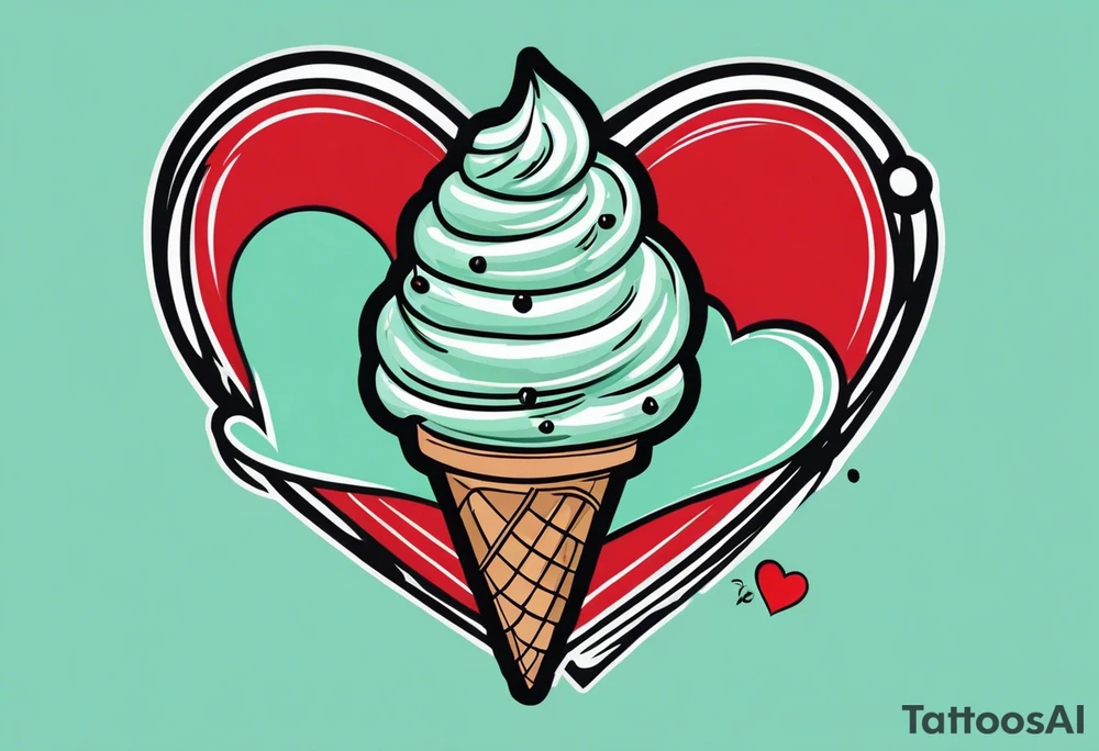 simple mint chocolate chip ice cream cone with small red heart on it somewhere. tattoo idea