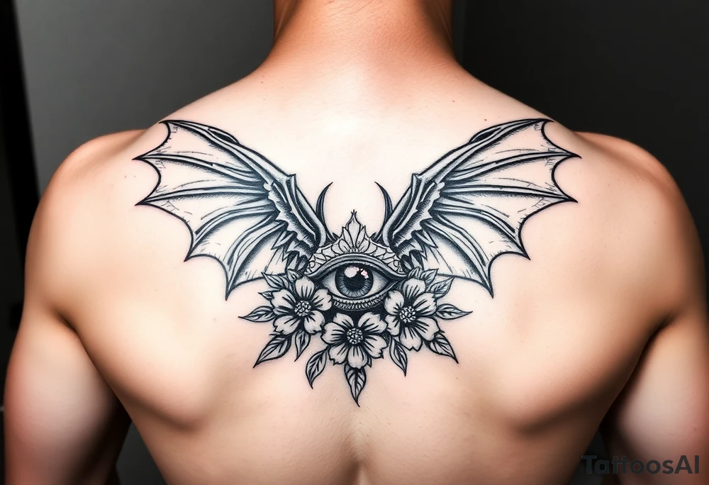 Devil wings and eye of Horus with flowers tattoo idea