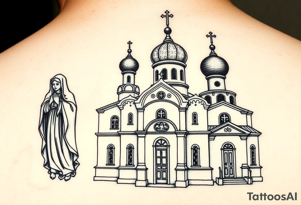 Russian orthodox church with bulb domes with a prominent russian orthodox style virgin mary stood outside to the left tattoo idea