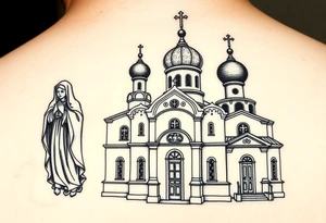 Russian orthodox church with bulb domes with a prominent russian orthodox style virgin mary stood outside to the left tattoo idea