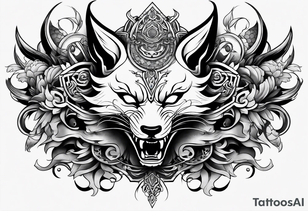 Split one side kitsune, other side oni mask tattoo idea Split one side kitsune, other side oni mask tattoo idea