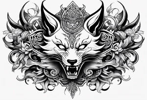 Split one side kitsune, other side oni mask tattoo idea