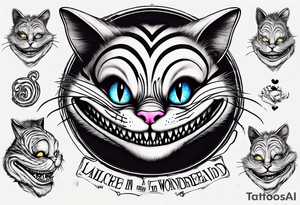 Cheshire Cat From Alice in wonderland with quote tattoo idea
