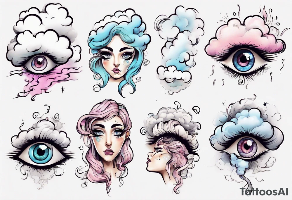 feminine cloud with eyes and Long eye lashes blowing smoke tattoo idea