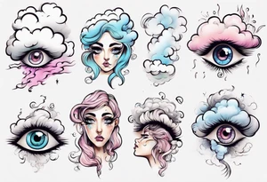 feminine cloud with eyes and Long eye lashes blowing smoke tattoo idea
