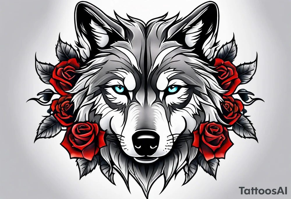 Wolf with skulls and roses tattoo idea