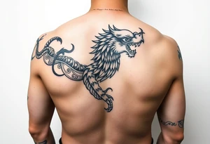 Chinese-Greek fusion tattoo band, black and red, wrap-around forearm, seamless pattern, line art tattoo idea