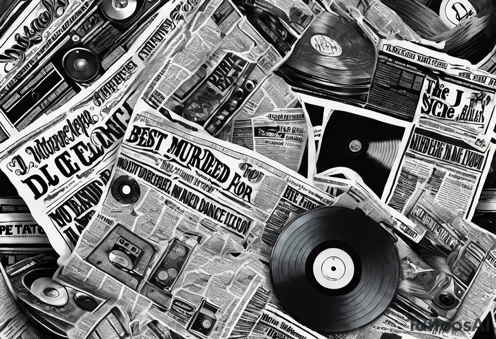 Ripped newspaper design for hand tattoo with headline “dj murdered the dance floor”. newspaper front page Article about best dj in raleigh nc tattoo idea