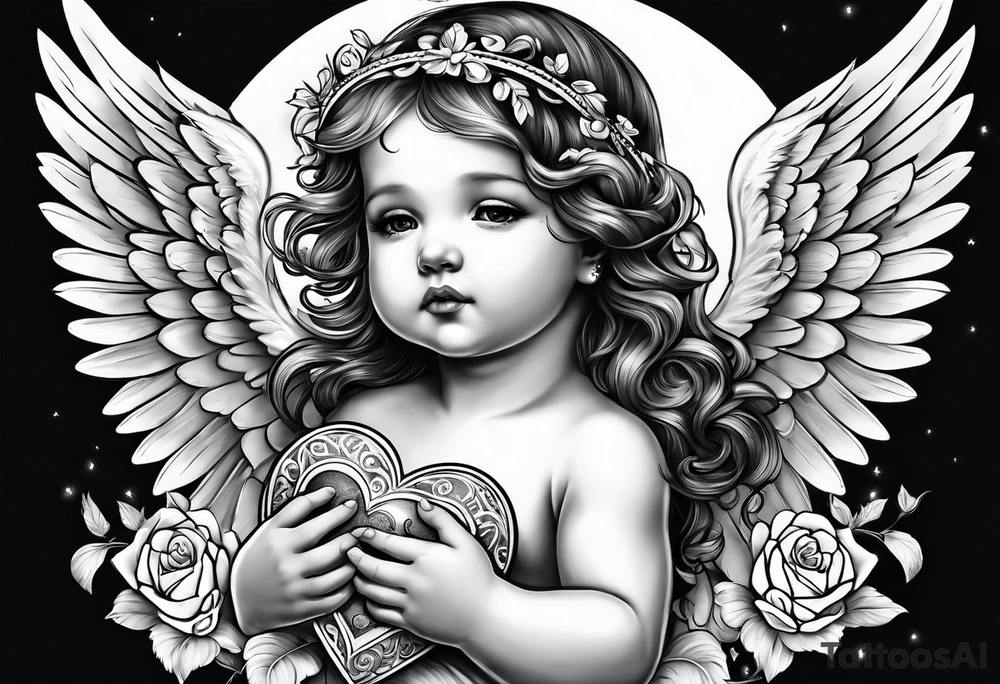 Baby Angel holding heart, side way flying with name Leah tattoo idea