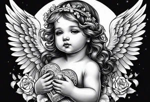 Baby Angel holding heart, side way flying with name Leah tattoo idea