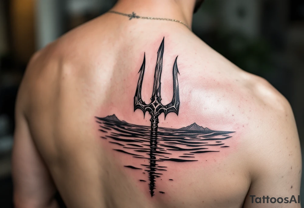 trident half way under calm water tattoo idea