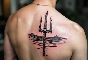 trident half way under calm water tattoo idea