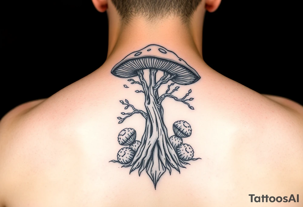 Magic mushroom with truffles growing underneath with the tree of life symbol but with mushroom tattoo idea