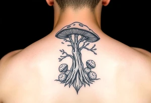Magic mushroom with truffles growing underneath with the tree of life symbol but with mushroom tattoo idea
