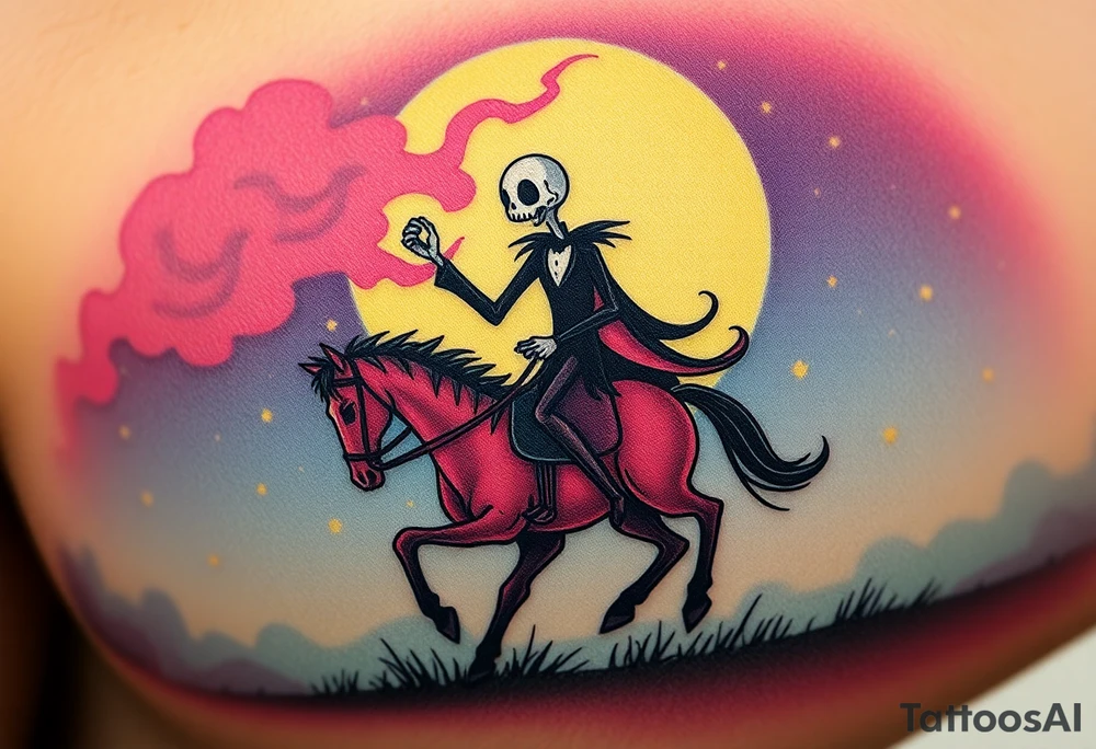 Tim Burton’s sleepy hallow headless horseman is riding in the night he holds his head in hand as his horse bucks upwards and dripping with muted reds, dusty pinks, and eerie green glow.purple and cyan smokey clouds swirl in the crescent moonlit sky thats sprinkled with stars tattoo idea tattoo idea