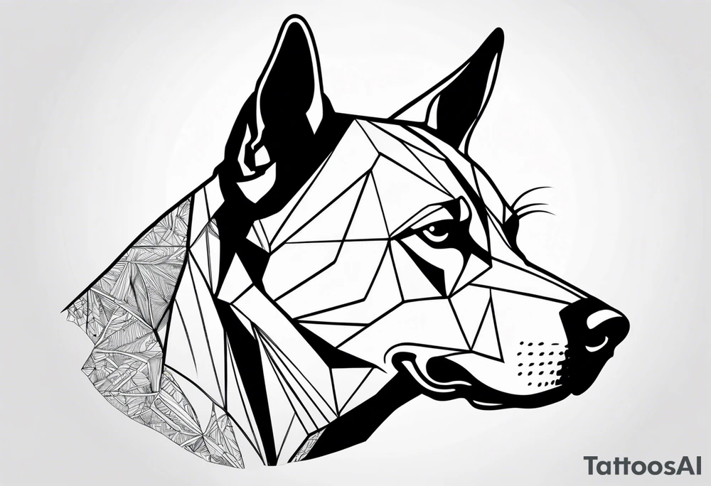 Face of a dog looking to the side, half of face is black tattoo idea