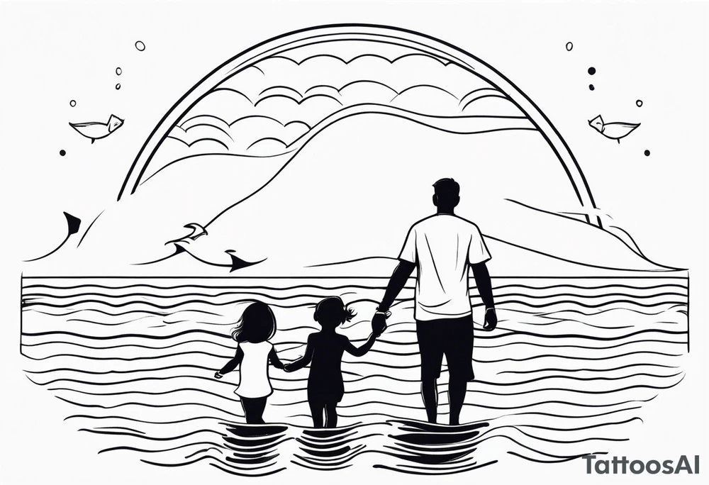 Black and white Line work tattoo with a dad and his two toddler daughters in the ocean. tattoo idea