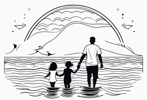 Black and white Line work tattoo with a dad and his two toddler daughters in the ocean. tattoo idea