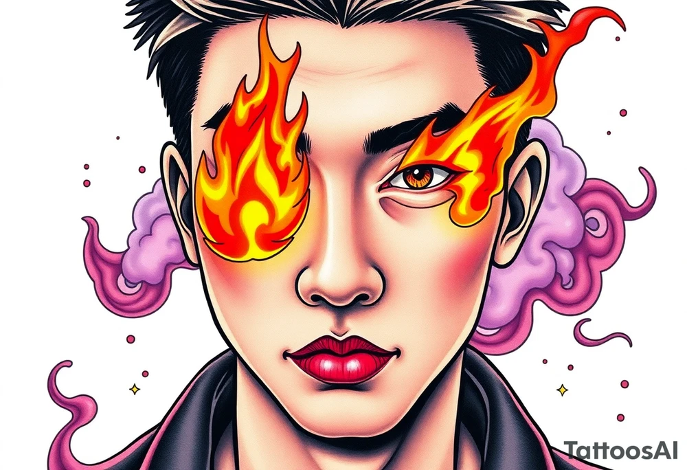 Handsome Asian young guy with flame instead of eyes tattoo idea