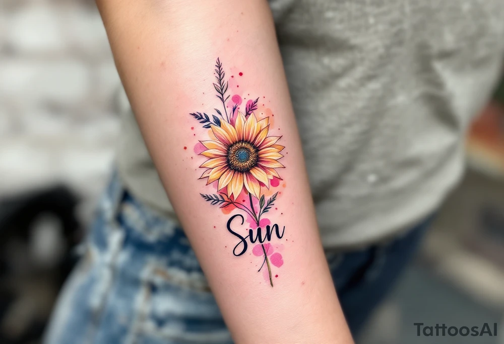 Word "Sun" written vertical with small sunflower in pink tattoo idea