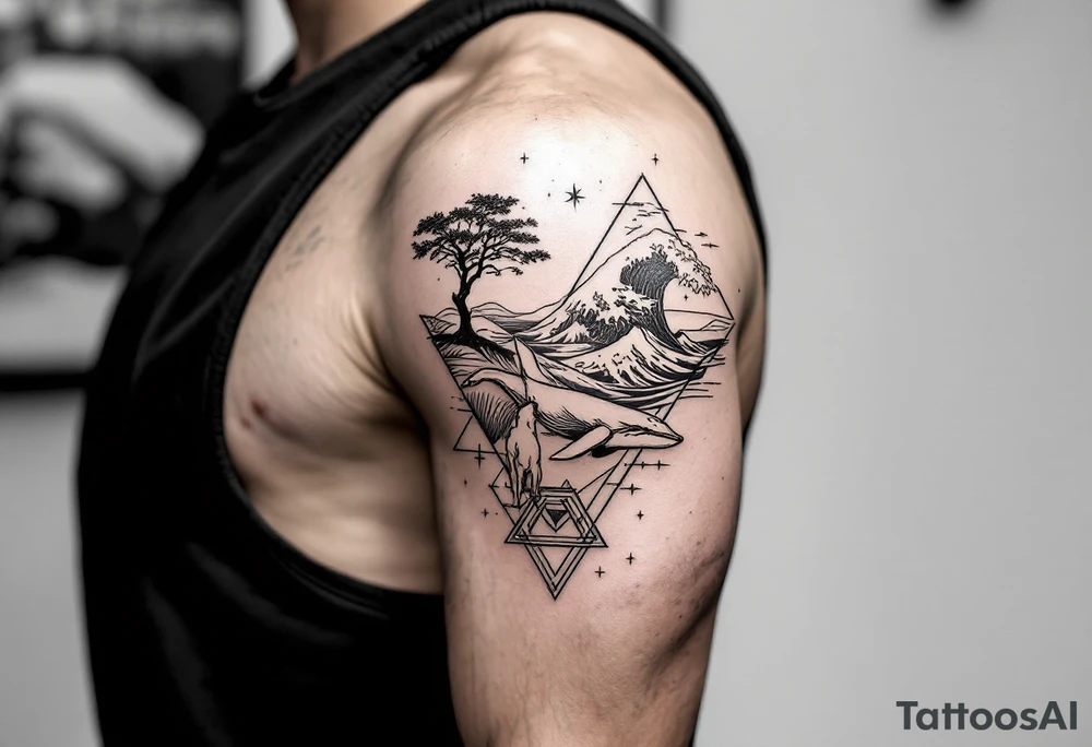 Fine line powerful ocean half sleeve with a wave, a whale, a Joshua tree, and a dog as separate elements connected by geometric patterns tattoo idea Fine line powerful ocean half sleeve with a wave, a whale, a Joshua tree, and a dog as separate elements connected by geometric patterns tattoo idea