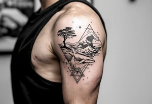 Fine line powerful ocean half sleeve with a wave, a whale, a Joshua tree, and a dog as separate elements connected by geometric patterns tattoo idea