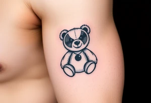 minimalist teddy bear with vinyl records as eyes smiling and sitting on a record tattoo idea