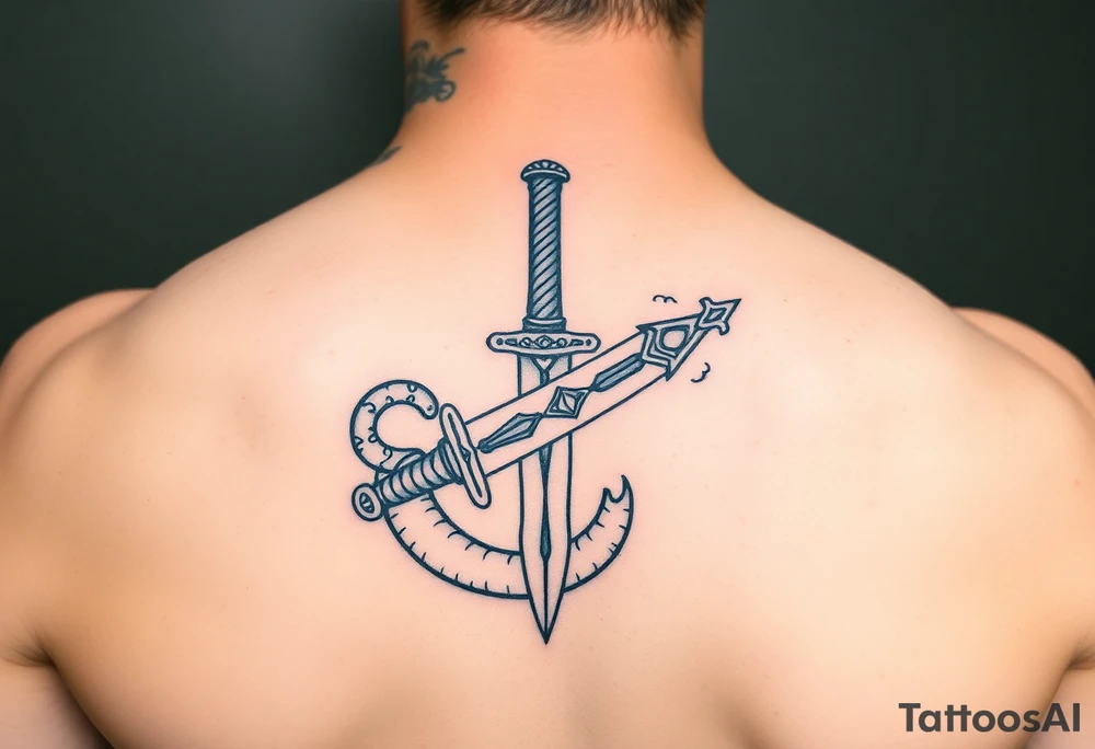 mystical snake coiled around an ancient dagger with jeweled hilt tattoo idea