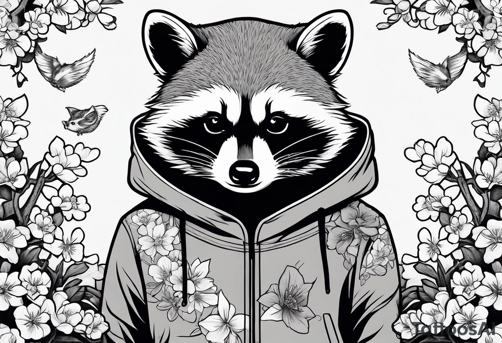 Raccoon wearing a Superman hoodie and Japanese cherry blossoms tattoo idea
