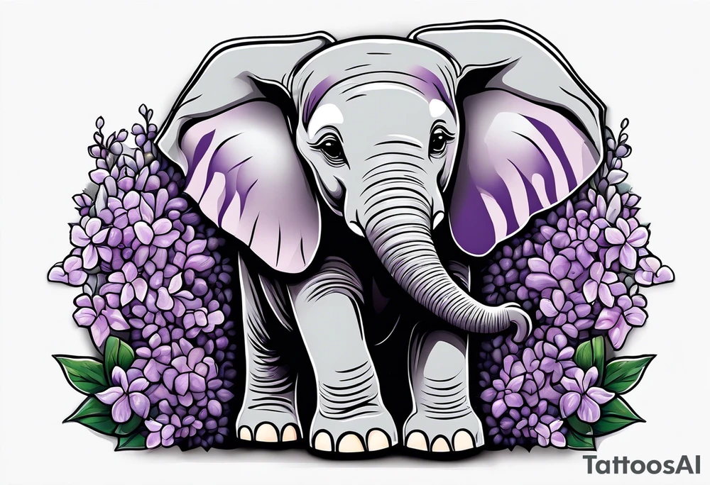 Baby elephant sitting with lilacs in its trunk tattoo idea