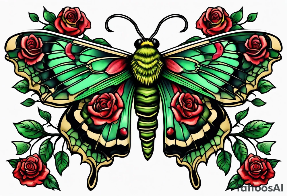 deaths head moth with green thorns and roses around it tattoo idea