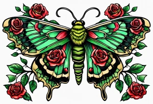 deaths head moth with green thorns and roses around it tattoo idea