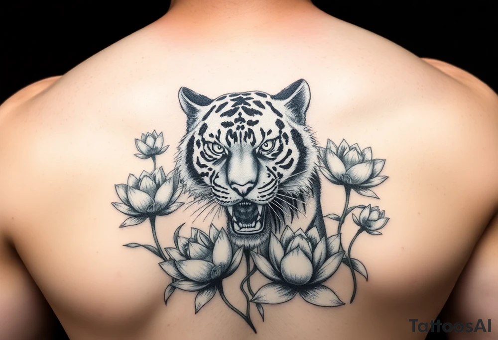 fierce tiger emerging through blooming lotus flowers in mist tattoo idea