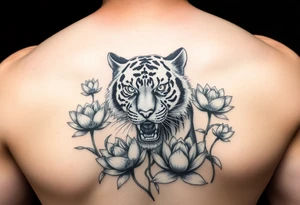 fierce tiger emerging through blooming lotus flowers in mist tattoo idea