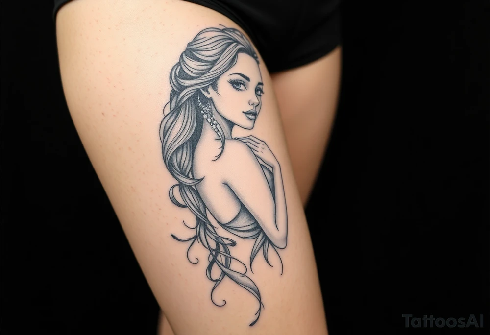 Full thigh tattoo with pretty girl and art work tattoo idea