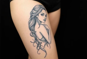 Full thigh tattoo with pretty girl and art work tattoo idea