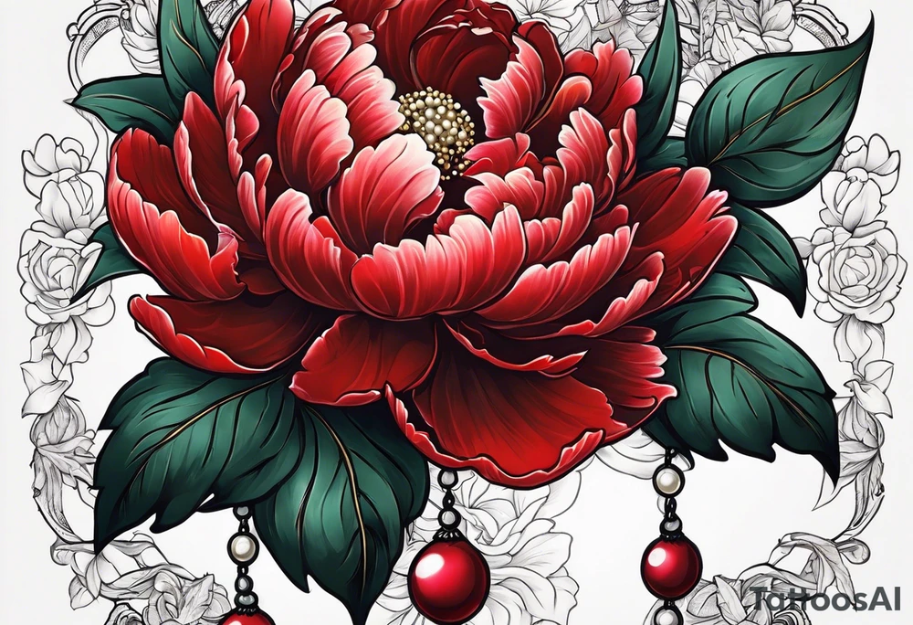 Red peony with dangling pearl necklace and rabbit tattoo idea