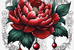 Red peony with dangling pearl necklace and rabbit tattoo idea