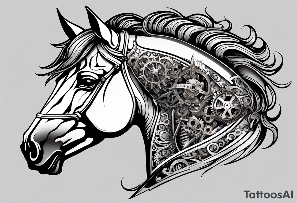 A horse head made fully out of gears and a mane made out of rope tattoo idea