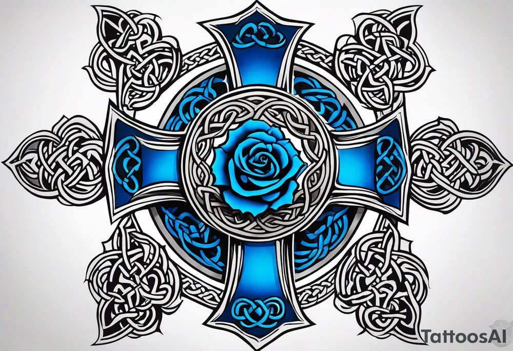 Celtic cross impaled by a blue rose tattoo idea