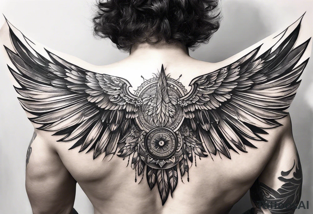 wings tattoo extending from a mens shoulders, covering the upper arms and upper back. The feathers are intricately detailed, with soft shading in black and gray to create depth and texture. tattoo idea