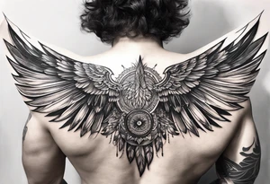 wings tattoo extending from a mens shoulders, covering the upper arms and upper back. The feathers are intricately detailed, with soft shading in black and gray to create depth and texture. tattoo idea