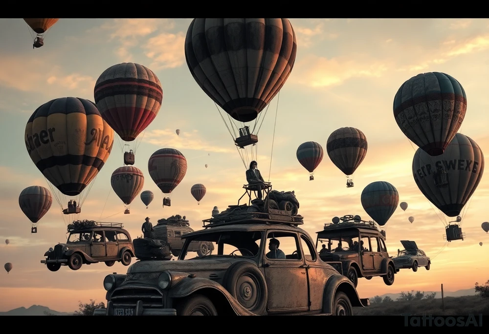 in a very steam punk vibe i want you to make a picture of a bunch of old beat up cars with people lounging in them and garbage and junk all up in and on them, tied to hot air balloons floating in the sky right about dusk and they are as far as the eye can see i want the cars to be floating as if they were the basket to the hot air balloons and the hot air balloons are all different colors and patterns and some are old and patched and i dont want to see the ground at all  i want this to be a scene that is up in the sky with them all floating under the balloons like it is in a dream tattoo idea