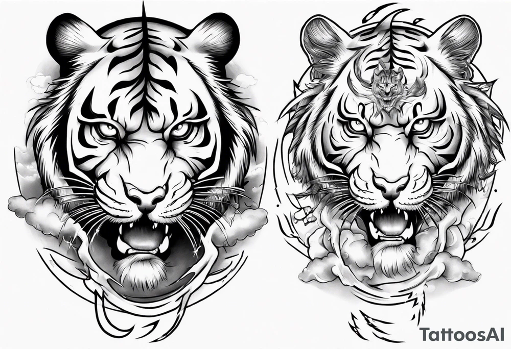 Tiger design with lightning and the sun for a forearm sleeve tattoo idea